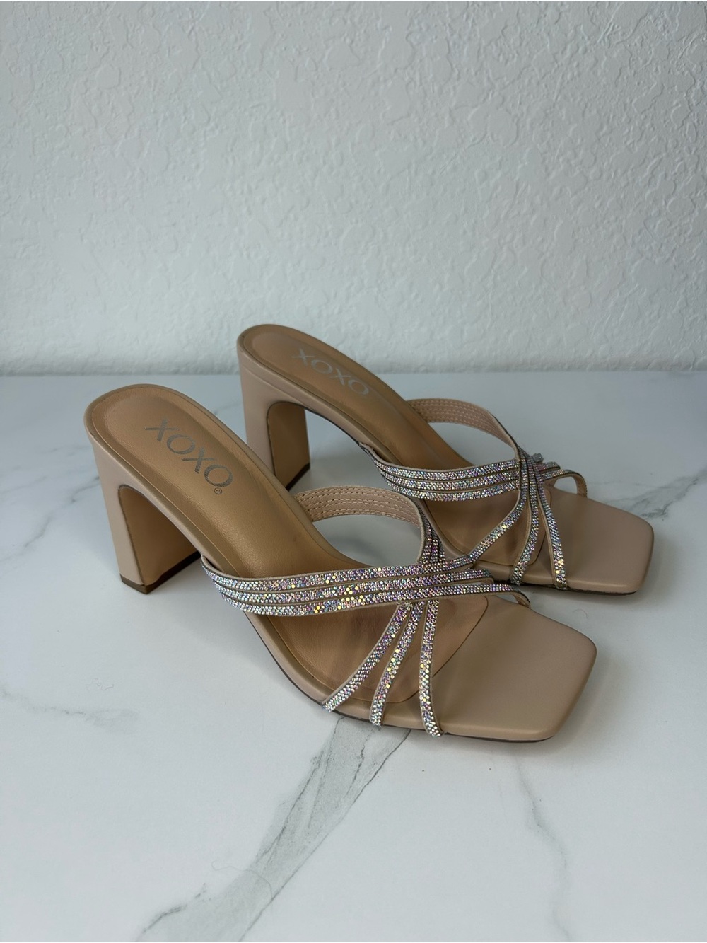 XOXO Beige Rhinestone Strappy Block Heel Mules